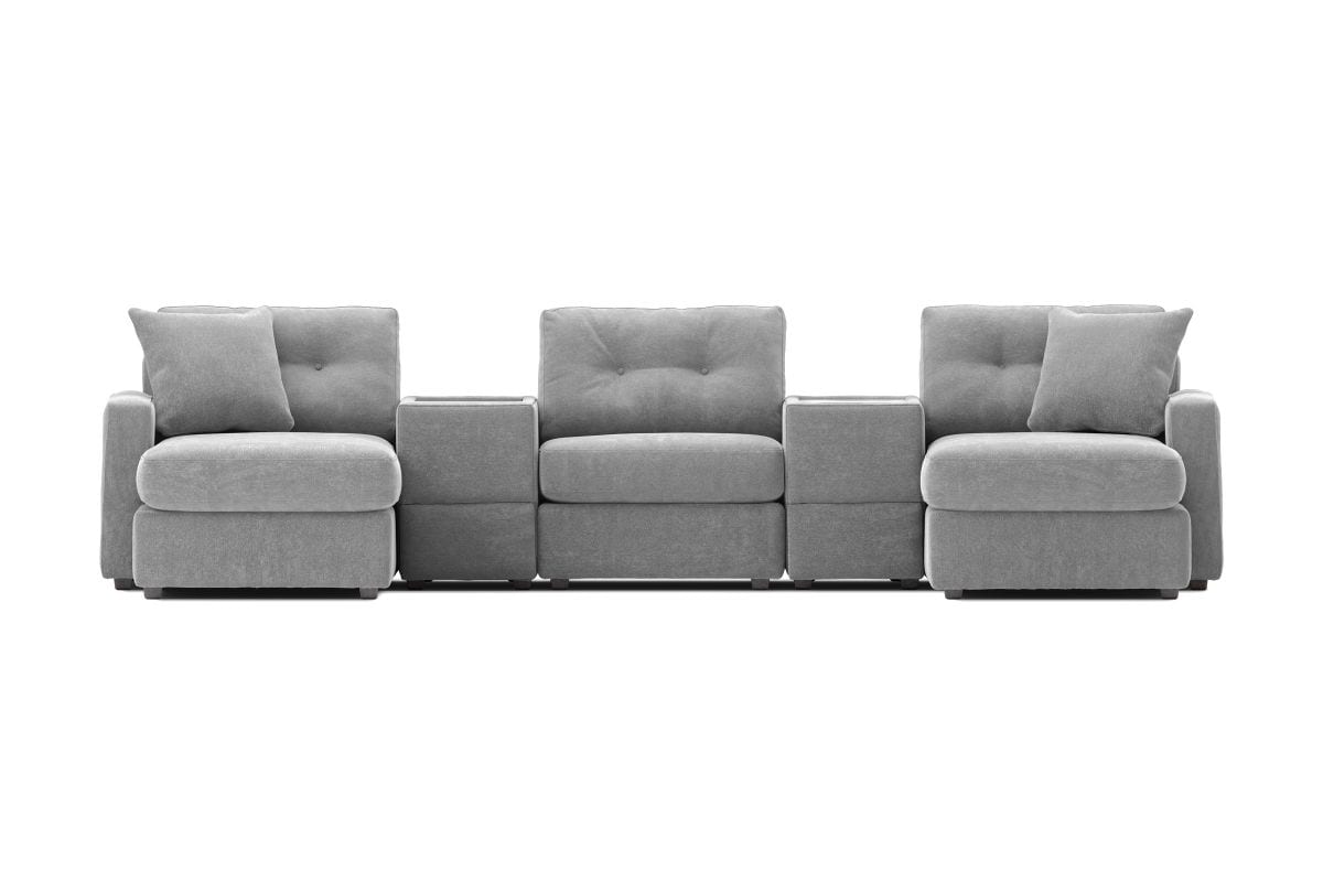 Modular theater sectional with dual chaises, light gray fabric, two ottoman-style chaise ends.