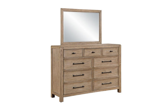 Oakleigh dresser with mirror, wood finish, nine drawers with black pulls