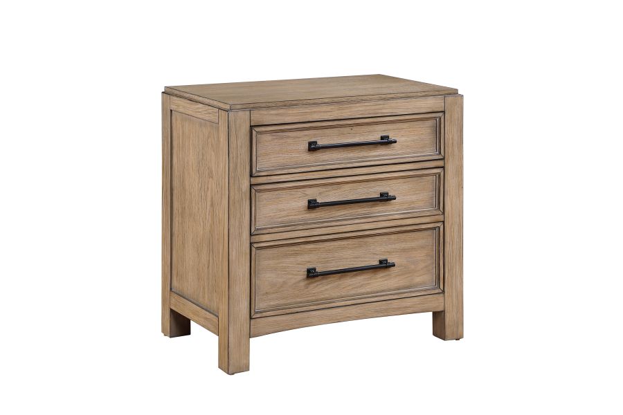 Oakleigh nightstand with three drawers, black bar pulls, square legs and flat top