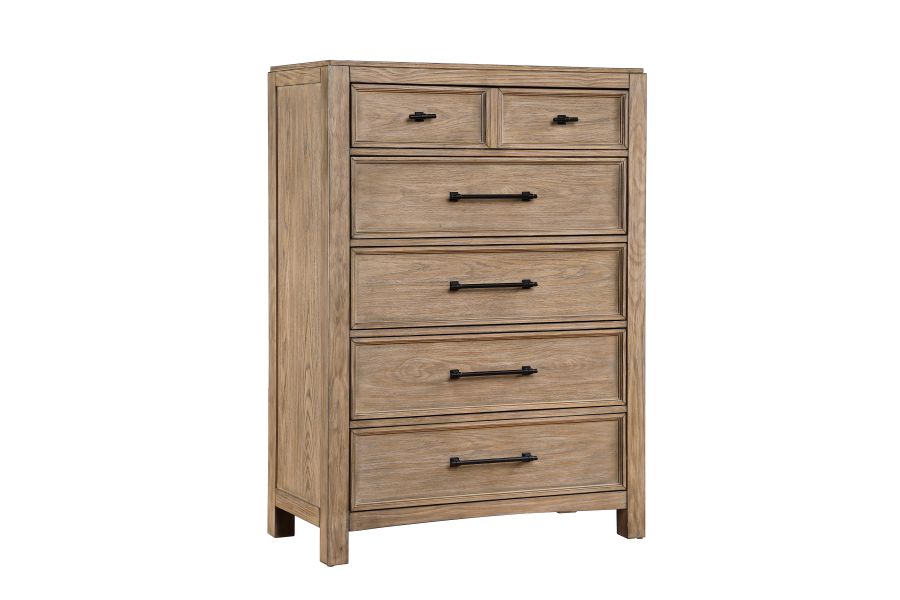 Chest of drawers in light wood with four drawers and black bar handles