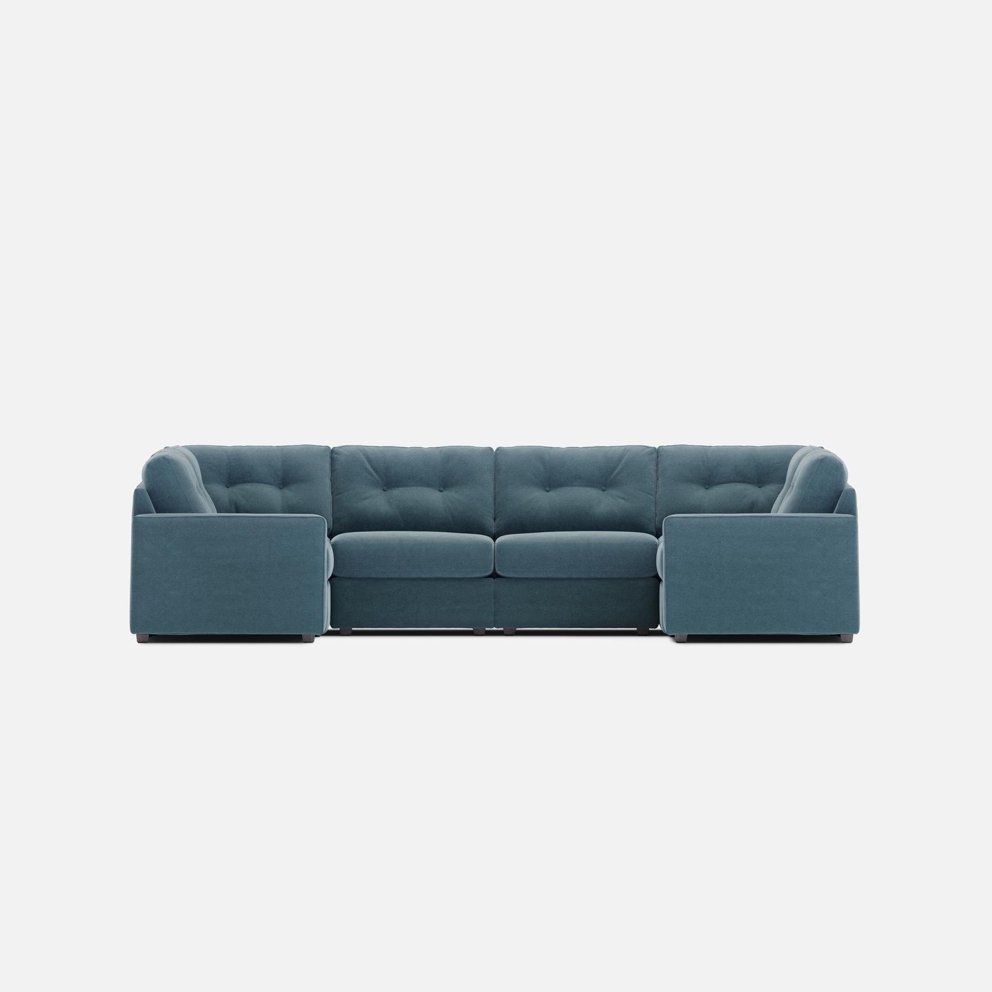Teal fabric modular sectional sofa with end ottomans and a central chaise