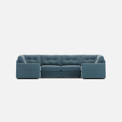 Teal fabric modular sectional sofa with end ottomans and a central chaise