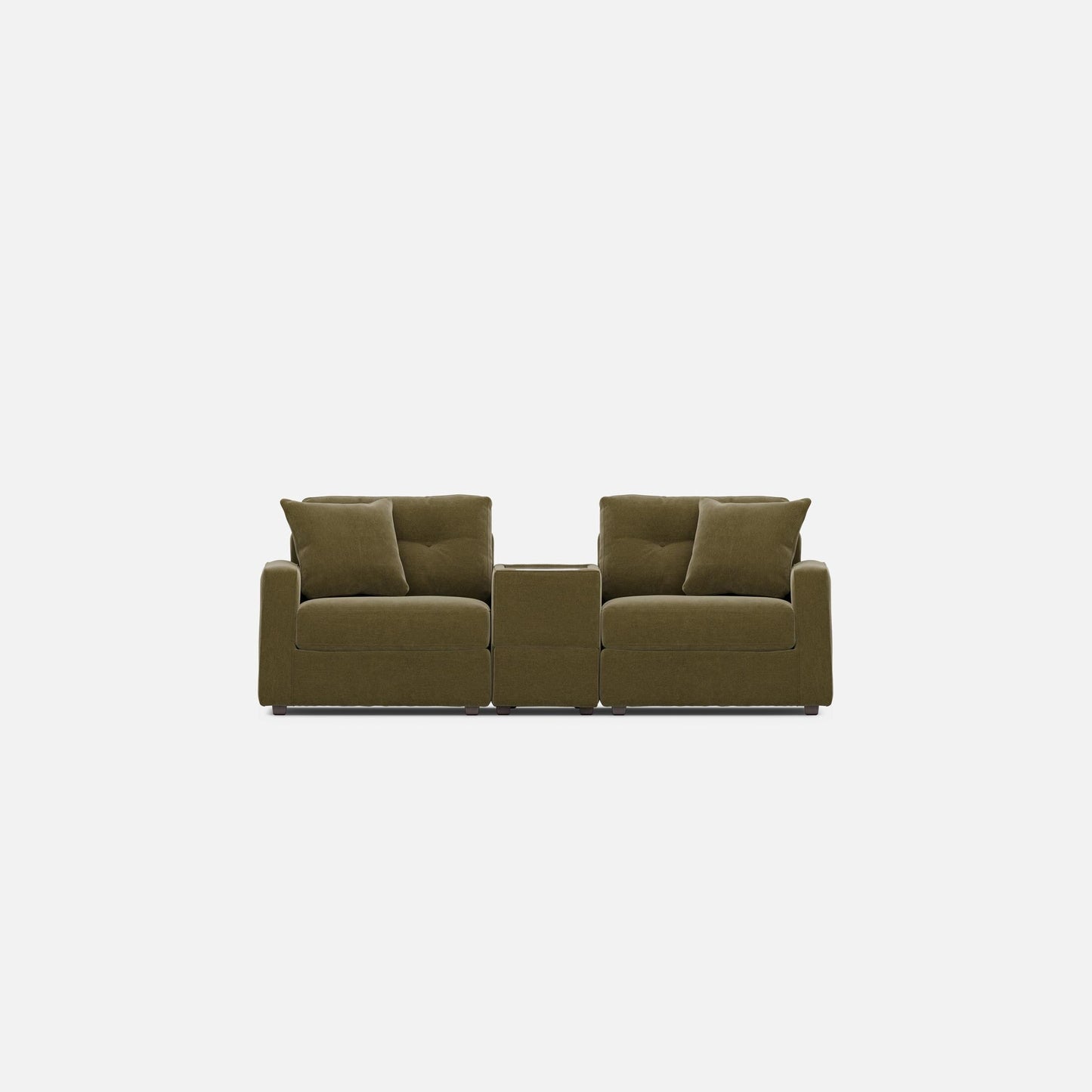 Olive modular console loveseat with three padded sections and upright back cushions