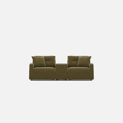 Olive modular console loveseat with three padded sections and upright back cushions