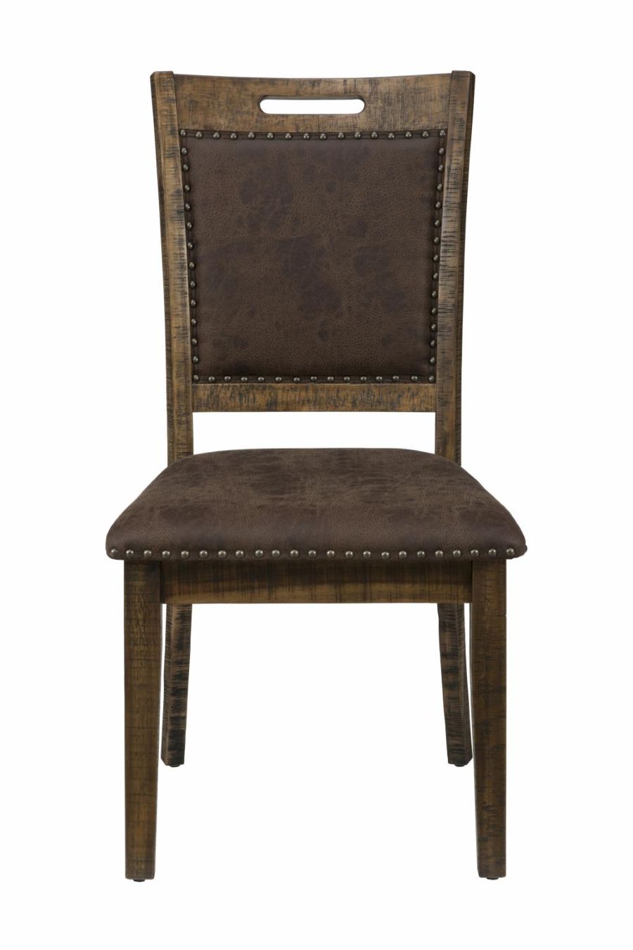Upholstered dining side chair with dark seat cushion, studded back, wooden legs