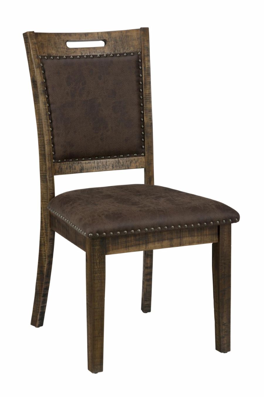 Upholstered dining side chair with dark fabric seat, nailhead trim, wooden legs