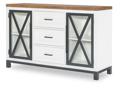 White dining credenza with X-brace glass doors, three drawers, dark frame.