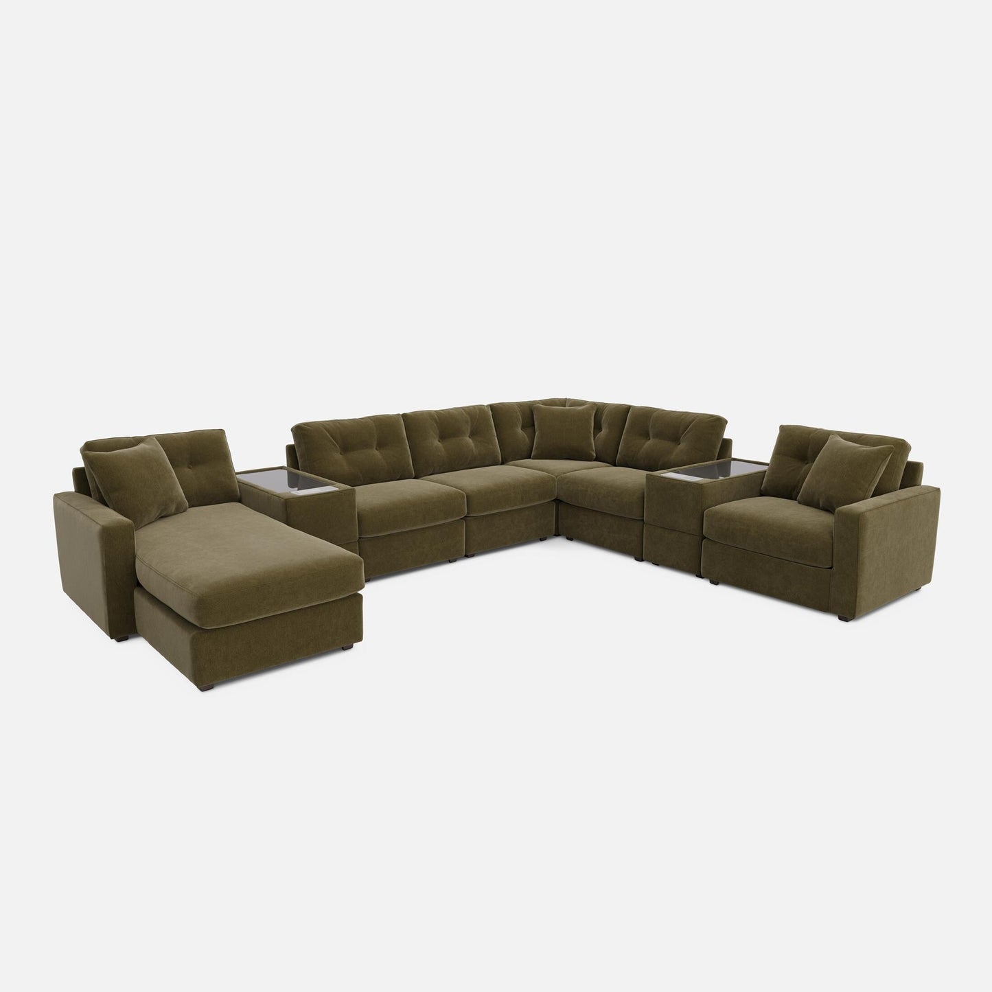 Olive modular sectional sofa with chaise ottomans and rounded corner back