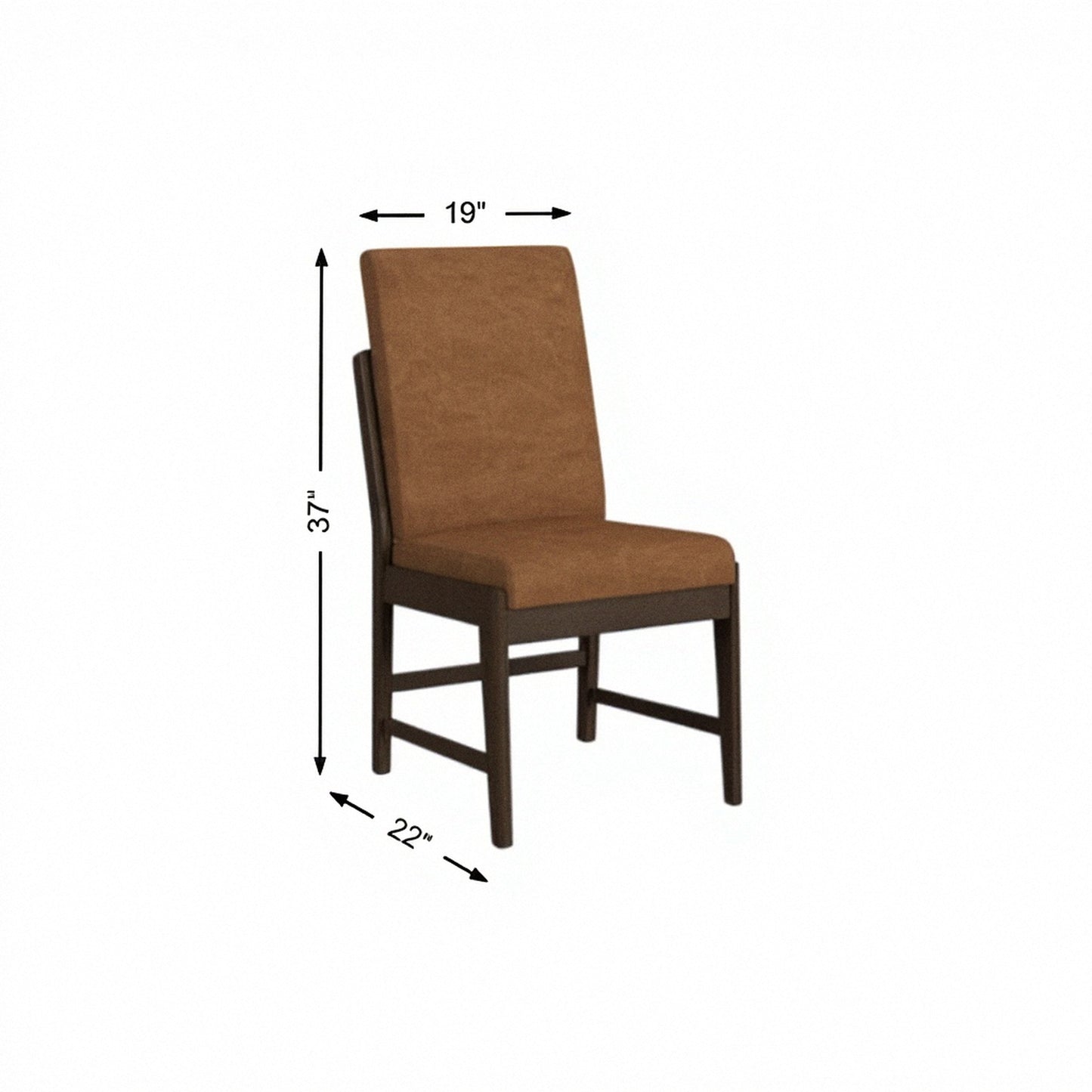 Upholstered dining chair with brown fabric seat and back and dark wood legs