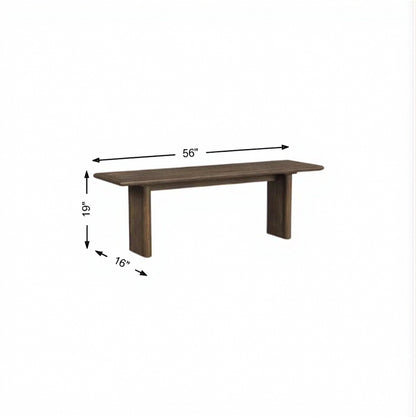 Dark wood dining bench with thick seat and tapered block legs