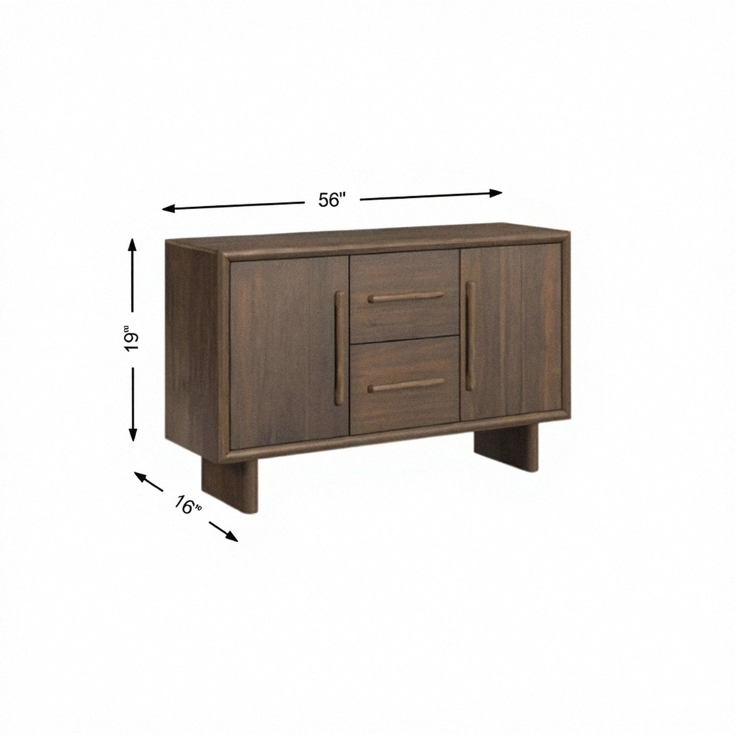 Brown wood dining server with two doors, two drawers, and brushed metal pulls, 56 in wide.