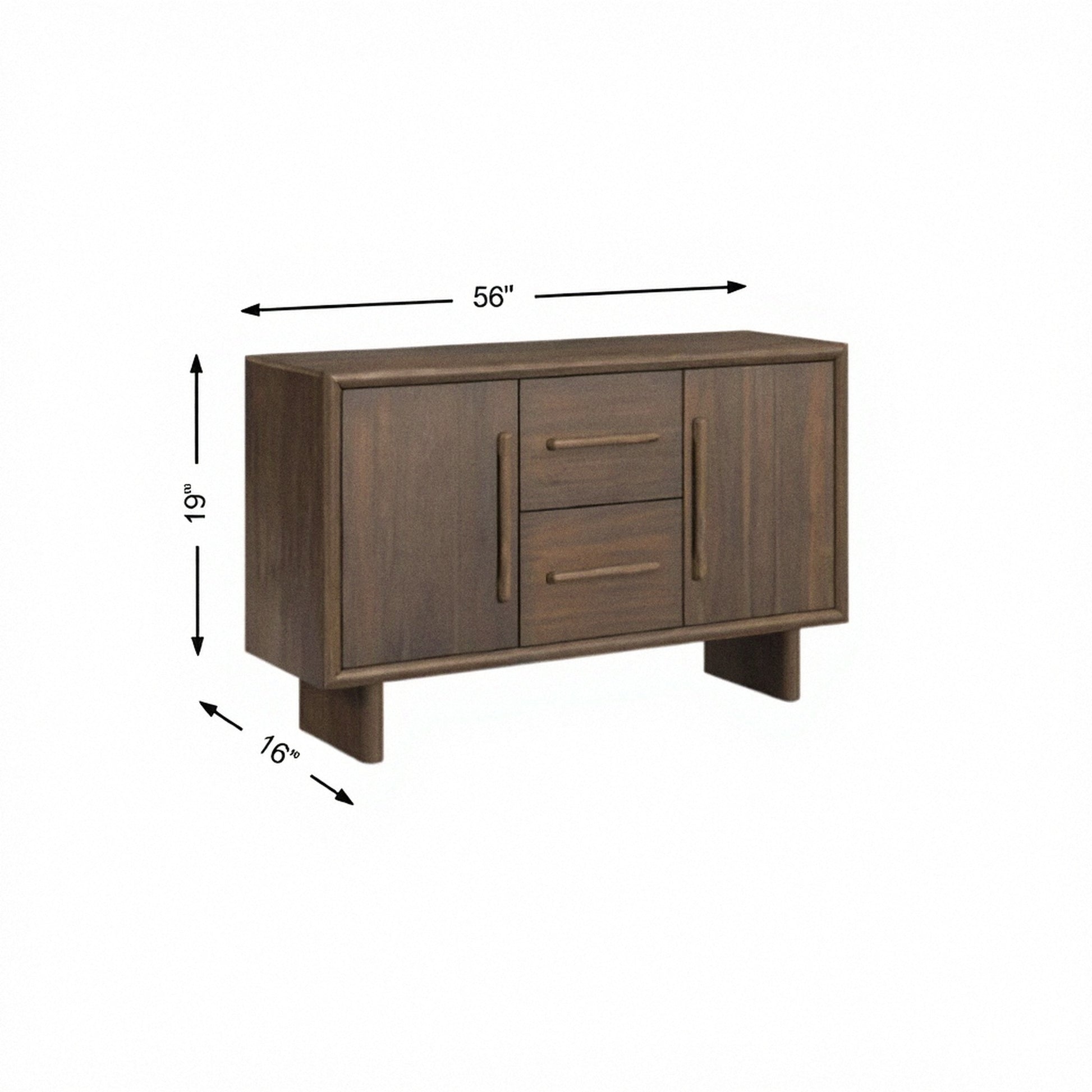 Brown wood dining server with two doors, two drawers, and brushed metal pulls, 56 in wide.