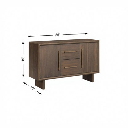 Brown wood dining server with two doors, two drawers, and brushed metal pulls, 56 in wide.