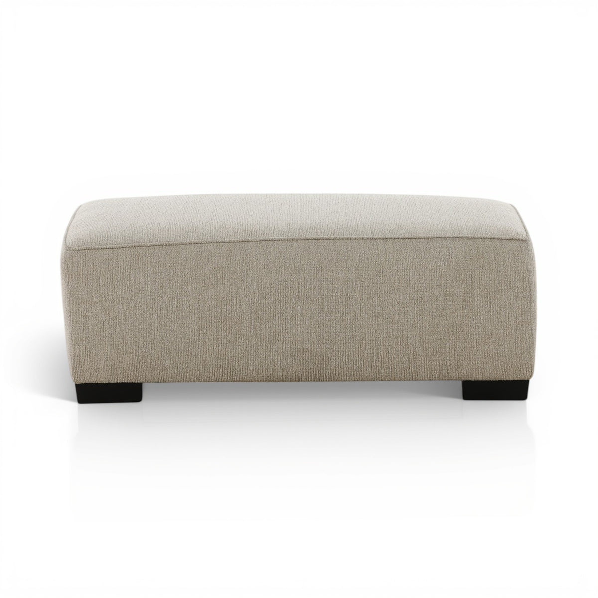 Upholstered ottoman with light beige fabric and black block legs