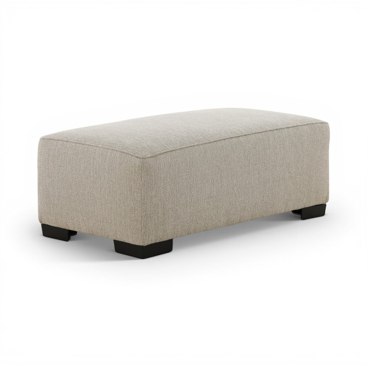 Upholstered ottoman, light beige cushion top and black legs, side view