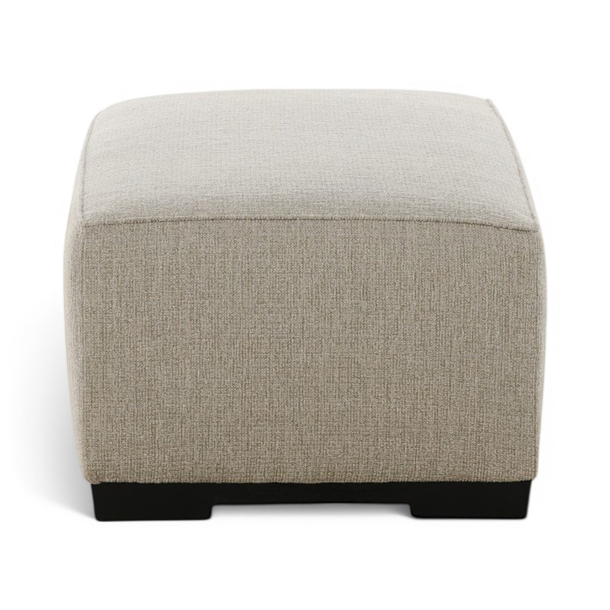 Upholstered ottoman in light beige fabric with curved top and black base