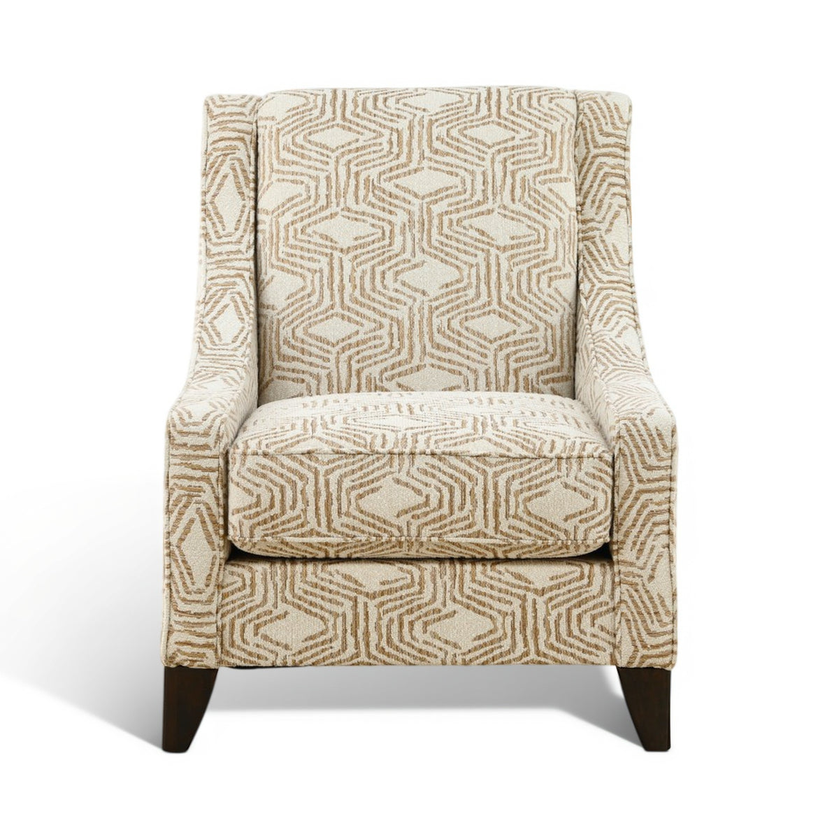 Textured accent chair in beige with geometric pattern and padded arms
