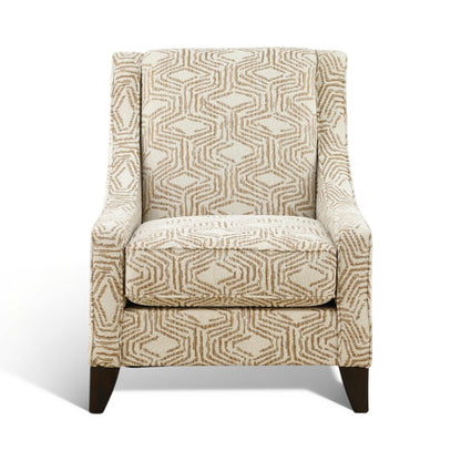 Textured accent chair in beige with geometric pattern and padded arms