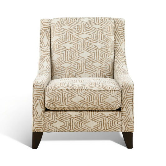 Textured accent chair in beige with geometric pattern and padded arms