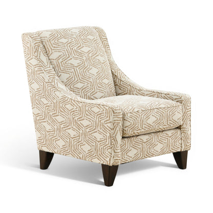 Upholstered accent chair with geometric pattern, wide arms, and dark wooden legs