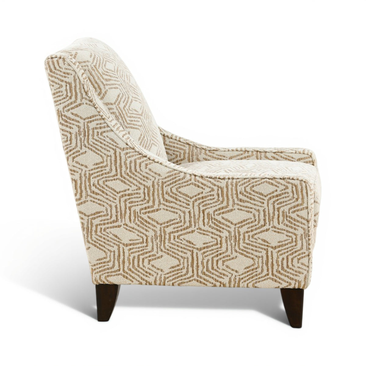Geometric patterned accent chair with curved arms and cushioned seat