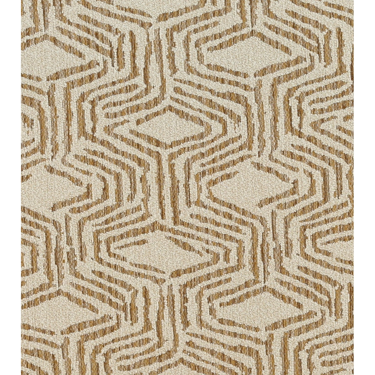 Close-up of beige upholstery with repeating brown geometric pattern