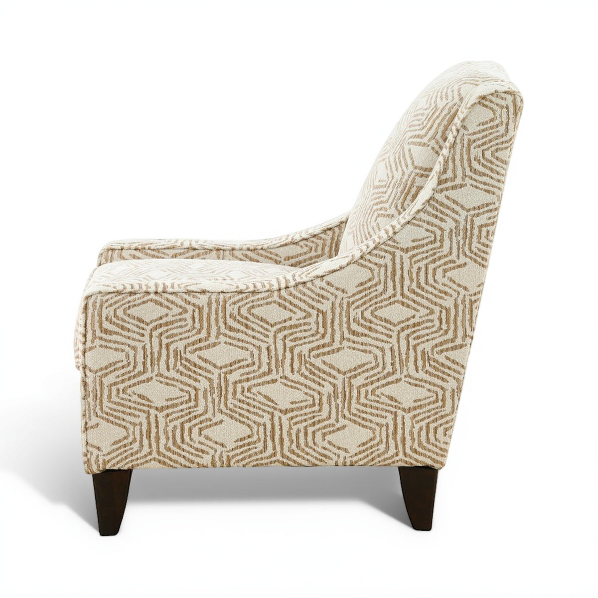Geometric fabric accent chair with curved back and squared dark legs