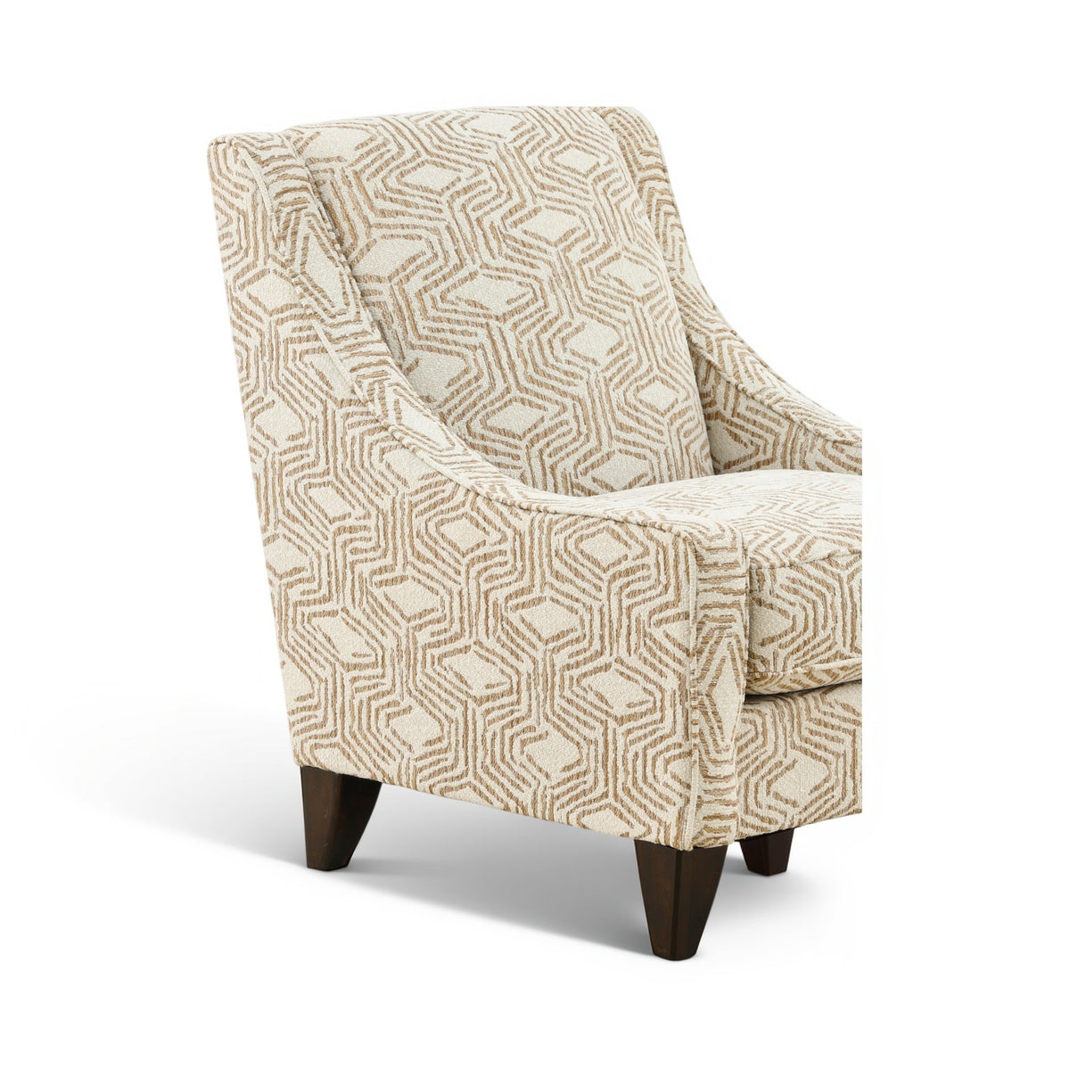 Side-view upholstered accent chair with beige geometric pattern and arm cushions