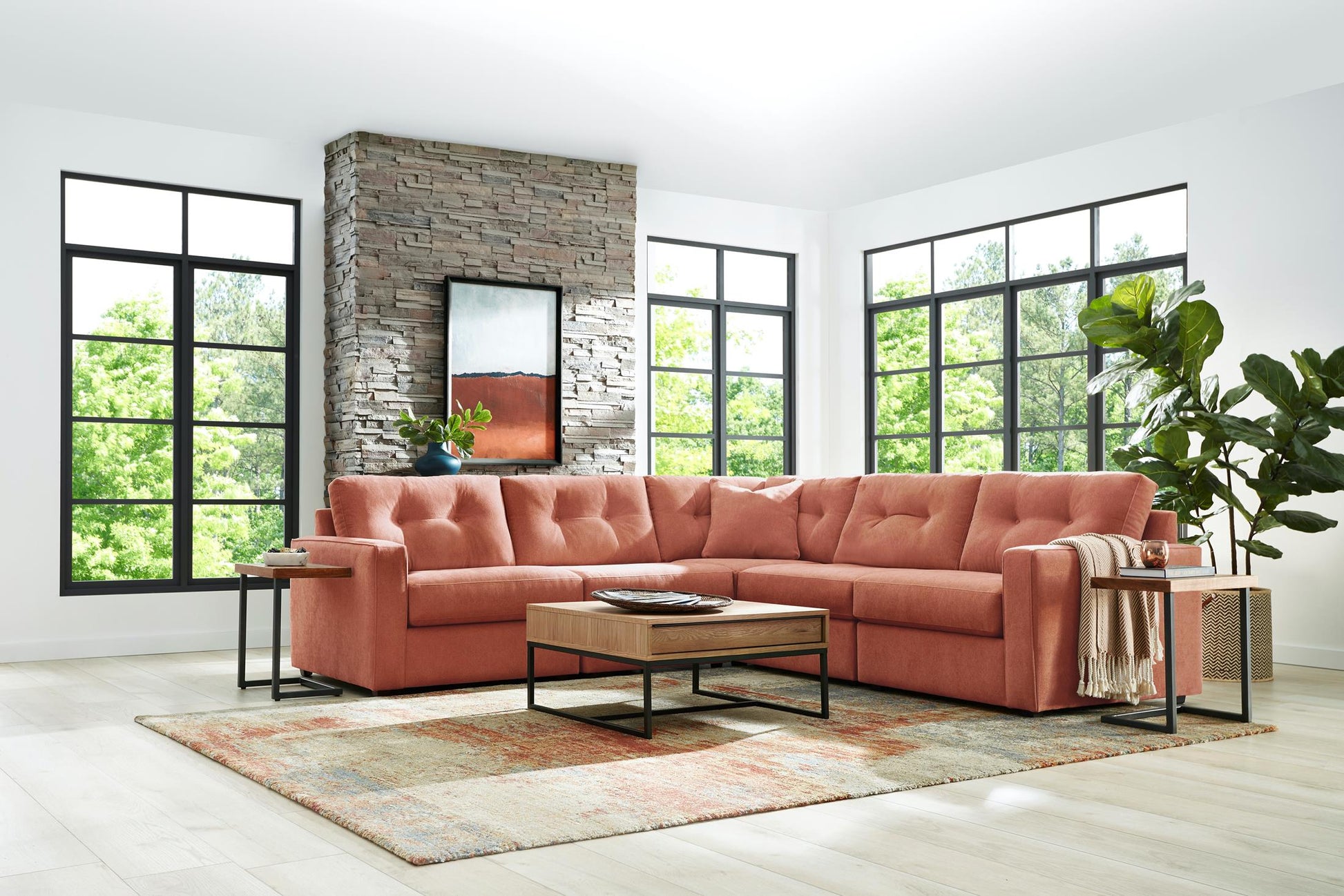 Terracotta 5-piece modular sectional sofa with tufted cushions and chaise