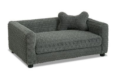 Charcoal gray corded plush dog bed with raised bolster back and matching throw pillow