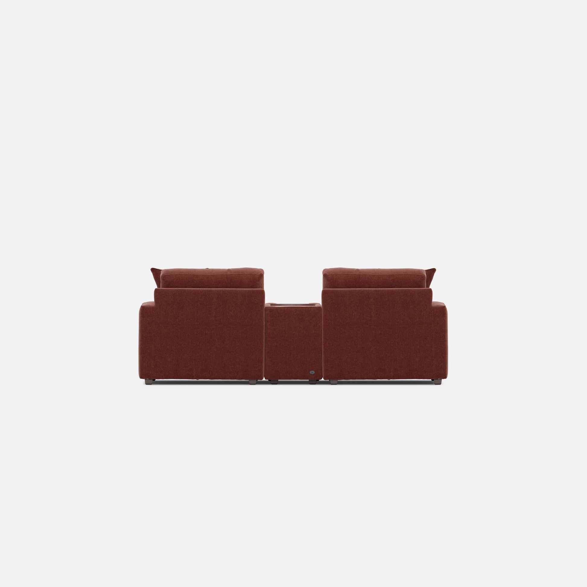 Modular 3-piece console loveseat front view with three connected seat sections and two back cushions