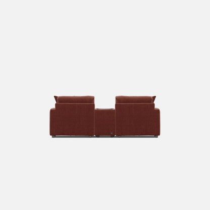 Modular 3-piece console loveseat front view with three connected seat sections and two back cushions