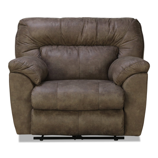 Wall-hugging power recliner in dark brown faux leather with padded arms and seat