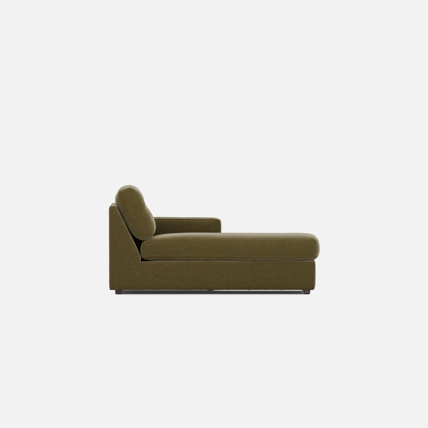 Olive chaise lounge with rounded back cushion and low upholstered base