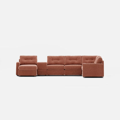Terracotta modular sectional sofa with tufted back cushions and square arm seats