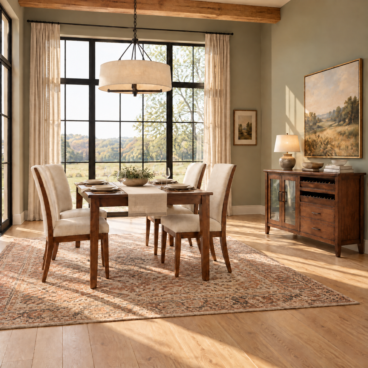 5-piece wooden dining set with rectangular table and four cream upholstered chairs