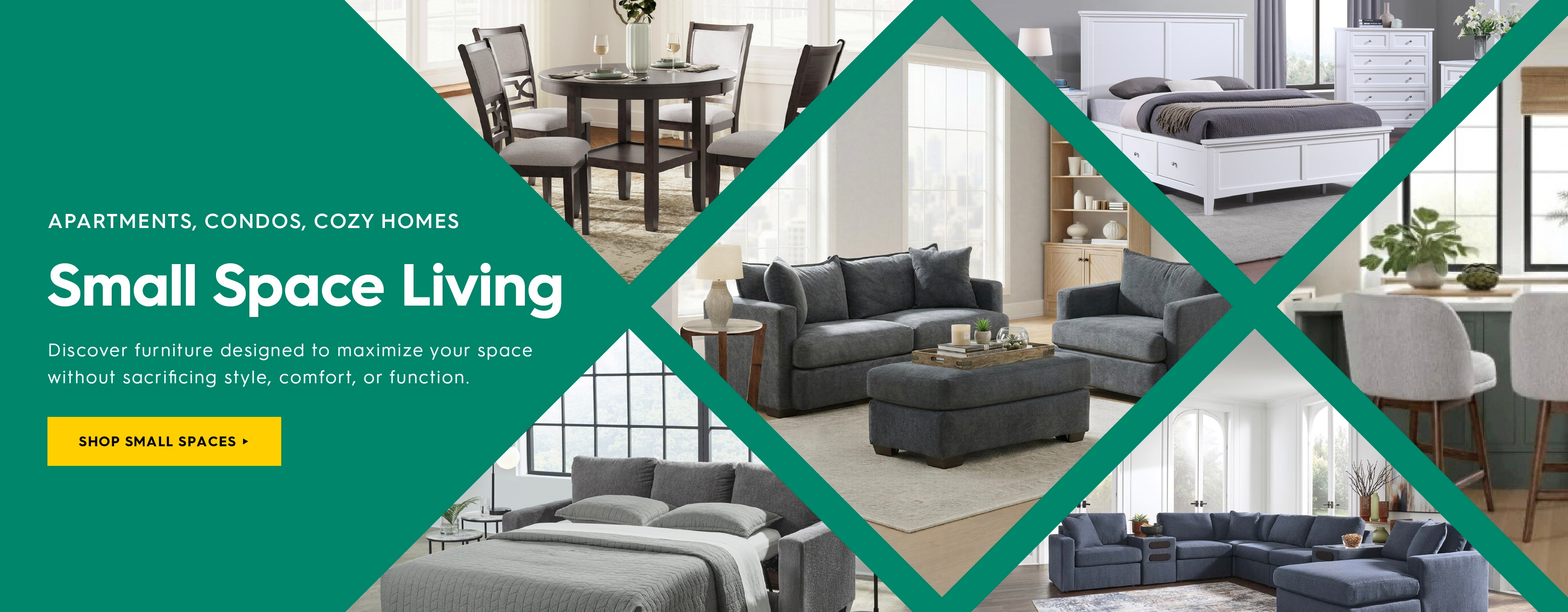 Collage of living room furniture with text on small space living solutions. discover furniture designed to maximize your space without sacrificing style, comfort, or function. Shop small spaces.