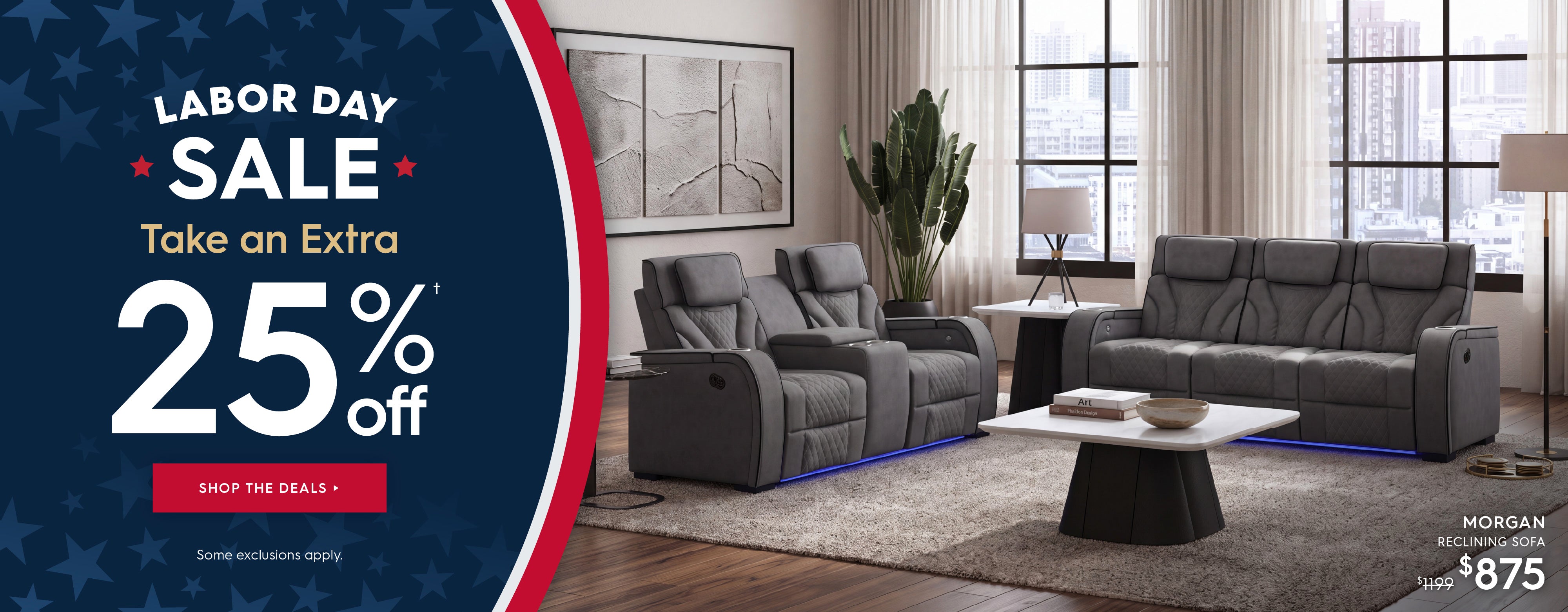 A promotional advertisement for a Labor Day Sale showing a gray recliner and matching gray loveseat in a modern living room setting, with a large dark blue sale banner on the left offering 25% off. Shop the deals.
