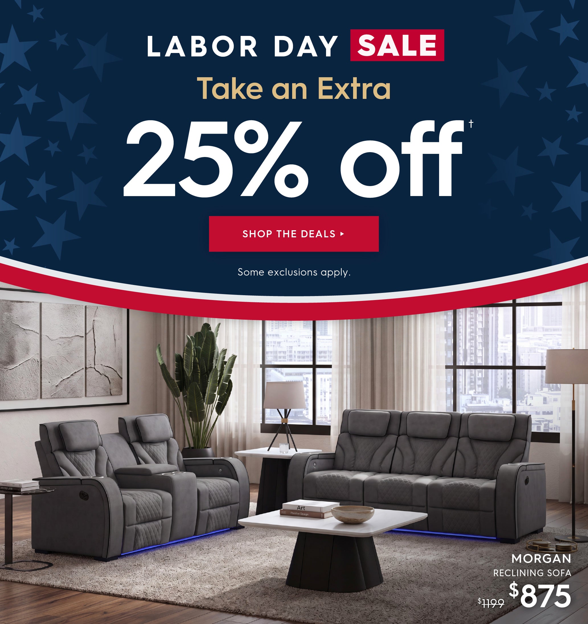 Labor Day Sale advertisement featuring a gray upholstered recliner and matching sofa in a modern living room, with large promotional text reading '25% off' and 'Take an Extra Labor Day Sale' on a patriotic blue, white, and red background. Shop the deals.