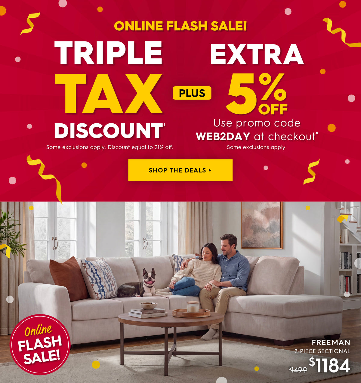 A promotional banner for a light beige sectional sofa in a bright living room, featuring a couple sitting on the sofa with a dog on a cushion. The bottom half has text that says "Online flash sale! Taken an extra triple tax discount. some exclusions apply. discount equal to 21% off. Plus, Extra 5% off. Use promo code WEB2DAY at checkout. Some exclusions apply. Shop the deals."