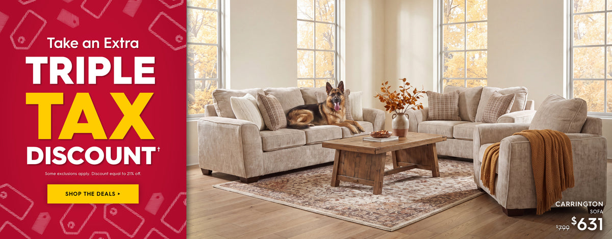 A beige fabric sectional sofa set with a matching armchair, wooden coffee table, and patterned area rug in a bright living room. A dog is lying on the sofa, and a large red promotional sidebar on the left reads 'Take an Extra TRIPLE TAX DISCOUNT' with a yellow 'SHOP THE DEALS' button.