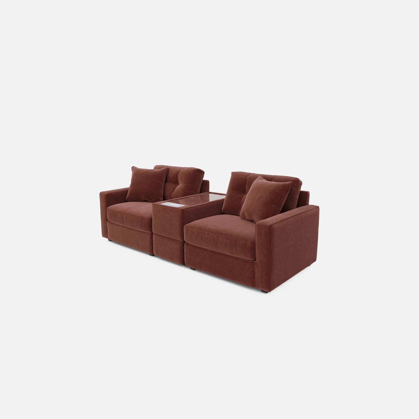 Modular 3-piece console loveseat with three padded sections and two back cushions, dark red