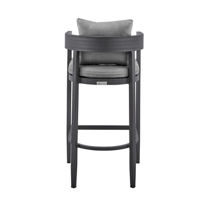 Argiope Outdoor Patio Counter Height Bar Stool in Aluminum with Gray Cushions