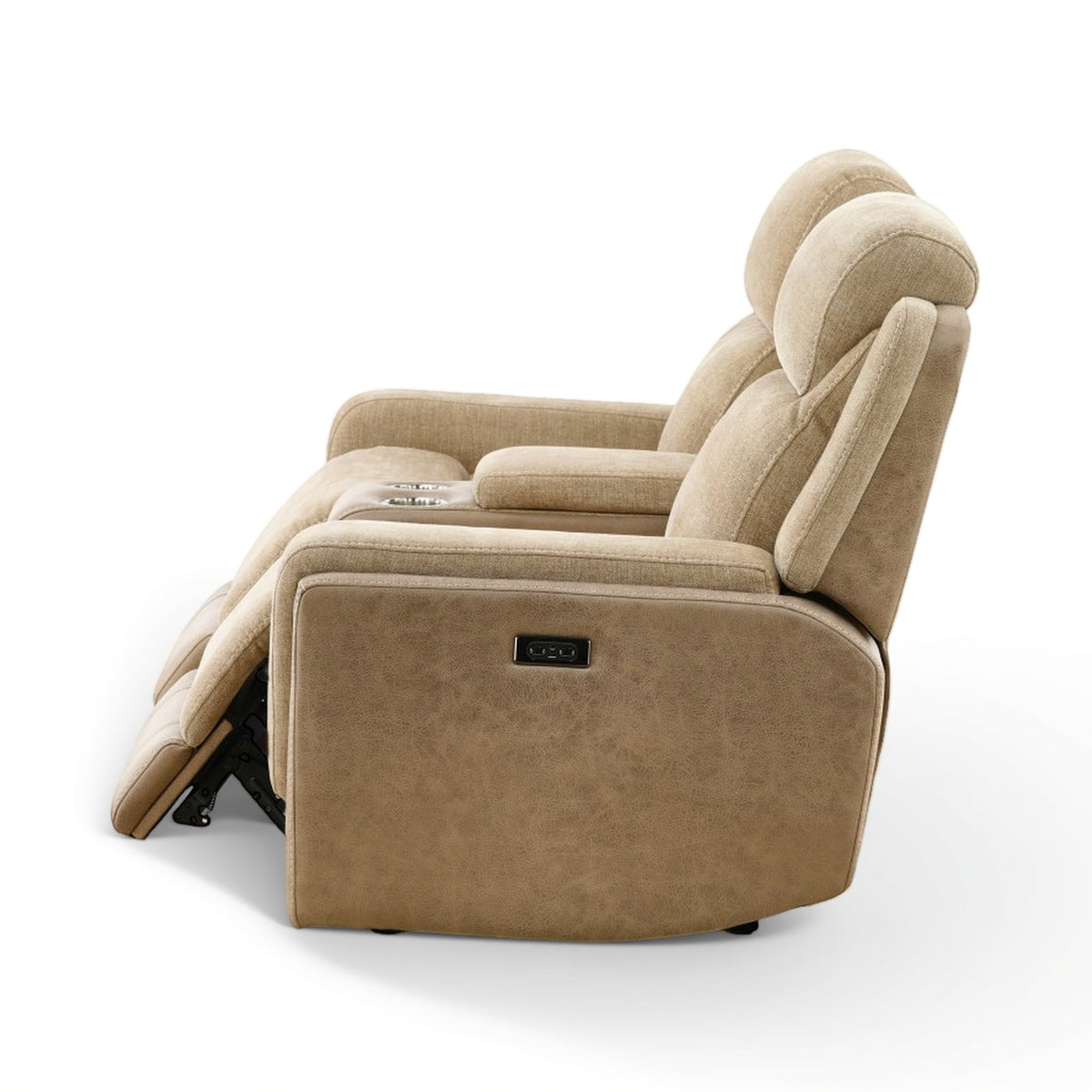Sand power console loveseat, angled recline view with dark power control panel on front side.