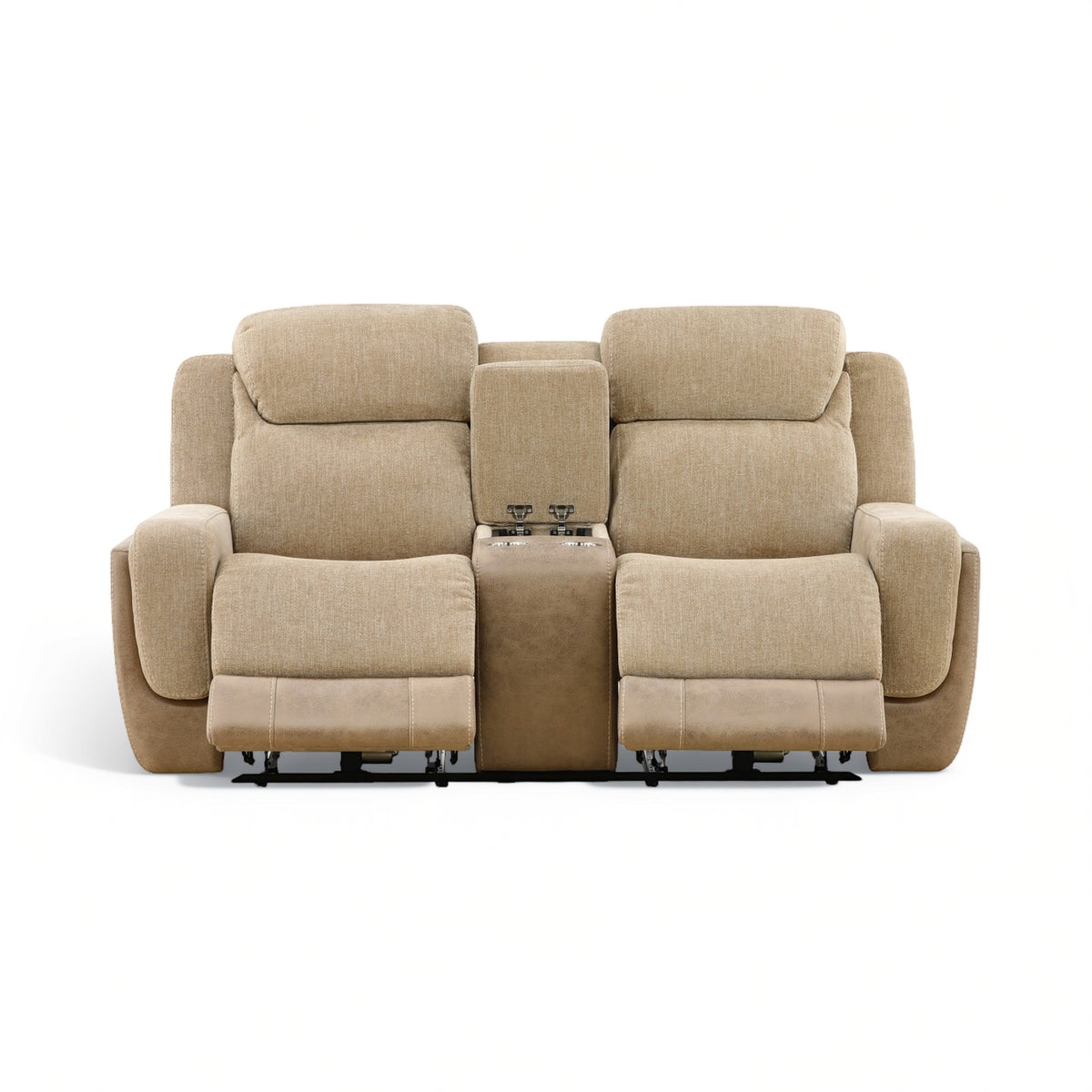 Sand upholstered power console loveseat with recline seats and padded armrests