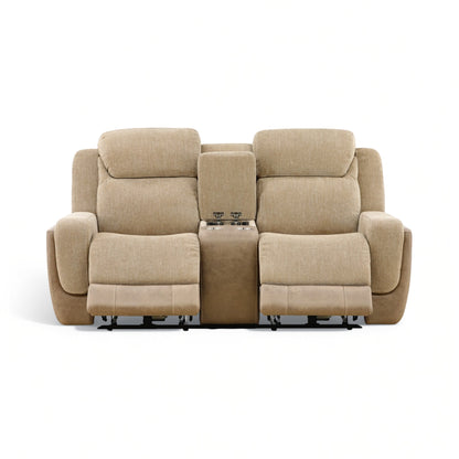 Sand upholstered power console loveseat with recline seats and padded armrests