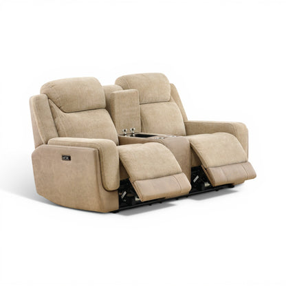 Sand power console loveseat reclined with extended footrests and side arm controls