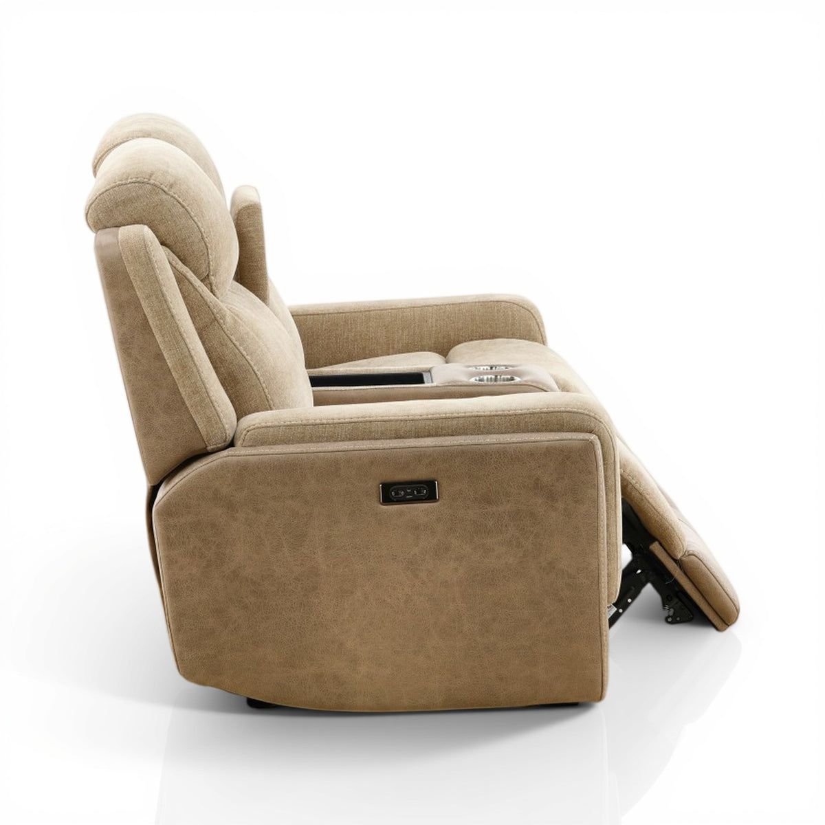 Sand upholstered power console loveseat recliner with curved arm and open leg rest