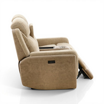 Sand upholstered power console loveseat recliner with curved arm and open leg rest