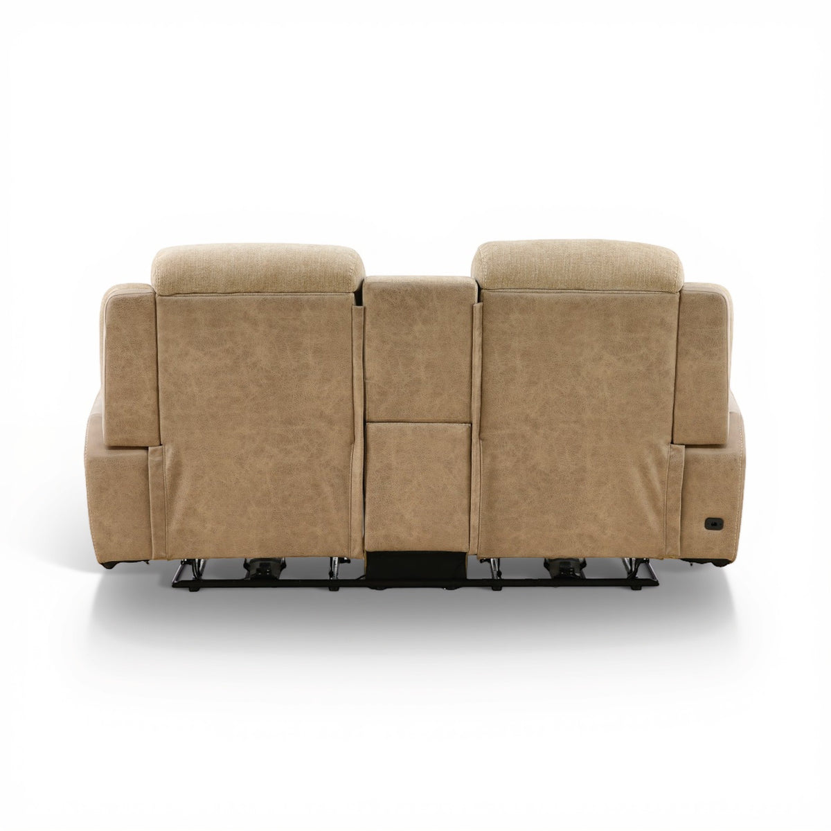 Sand power console loveseat with three back cushions and upholstered center panel